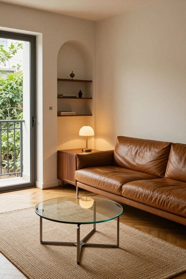 A light-colored living room with tan leather sofa, wood sideboard topped by a white lamp, round glass coffee table on seagrass rug, arched wall niche with shelves, and glass door to balcony with greenery.