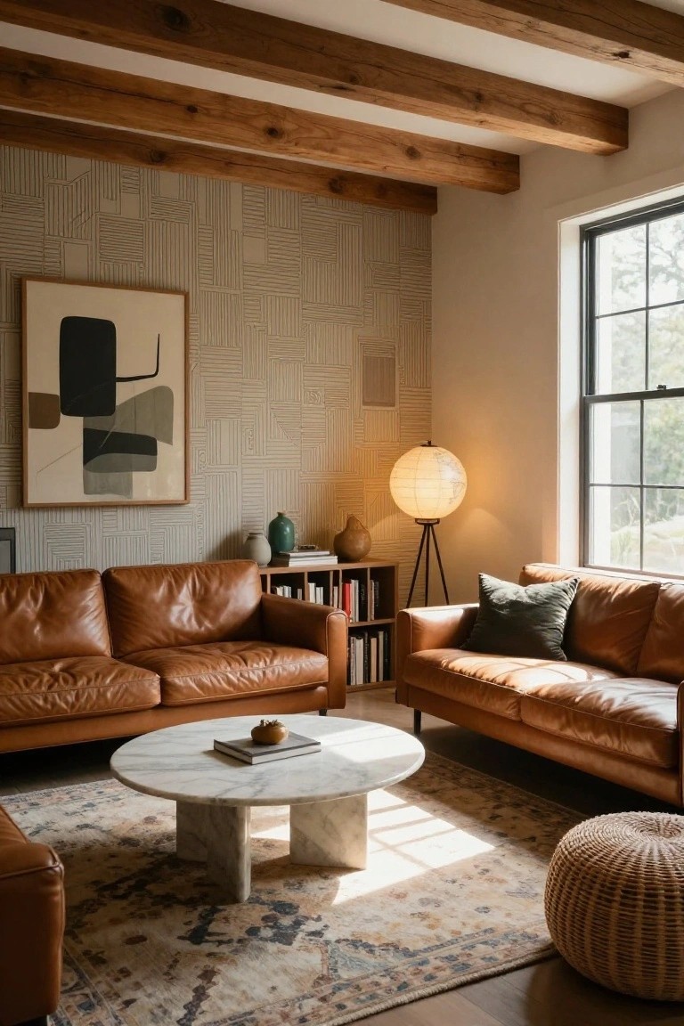 Living room with two tan leather sofas facing each other across a round white marble coffee table on a patterned rug, exposed wooden ceiling beams, beige geometric wallpaper, bookshelves, a paper lantern lamp, rattan pouf, and large window with sunlight.
