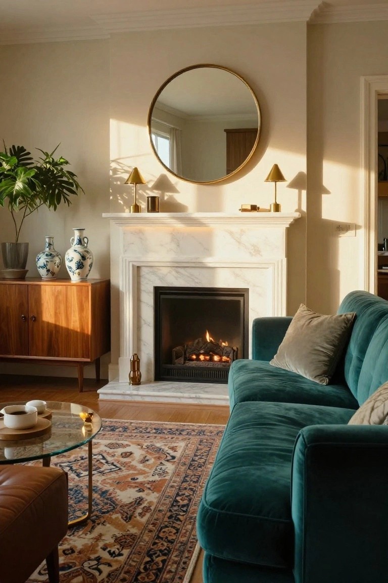 Sunlit living room with teal sofa, marble fireplace, and round mirror.