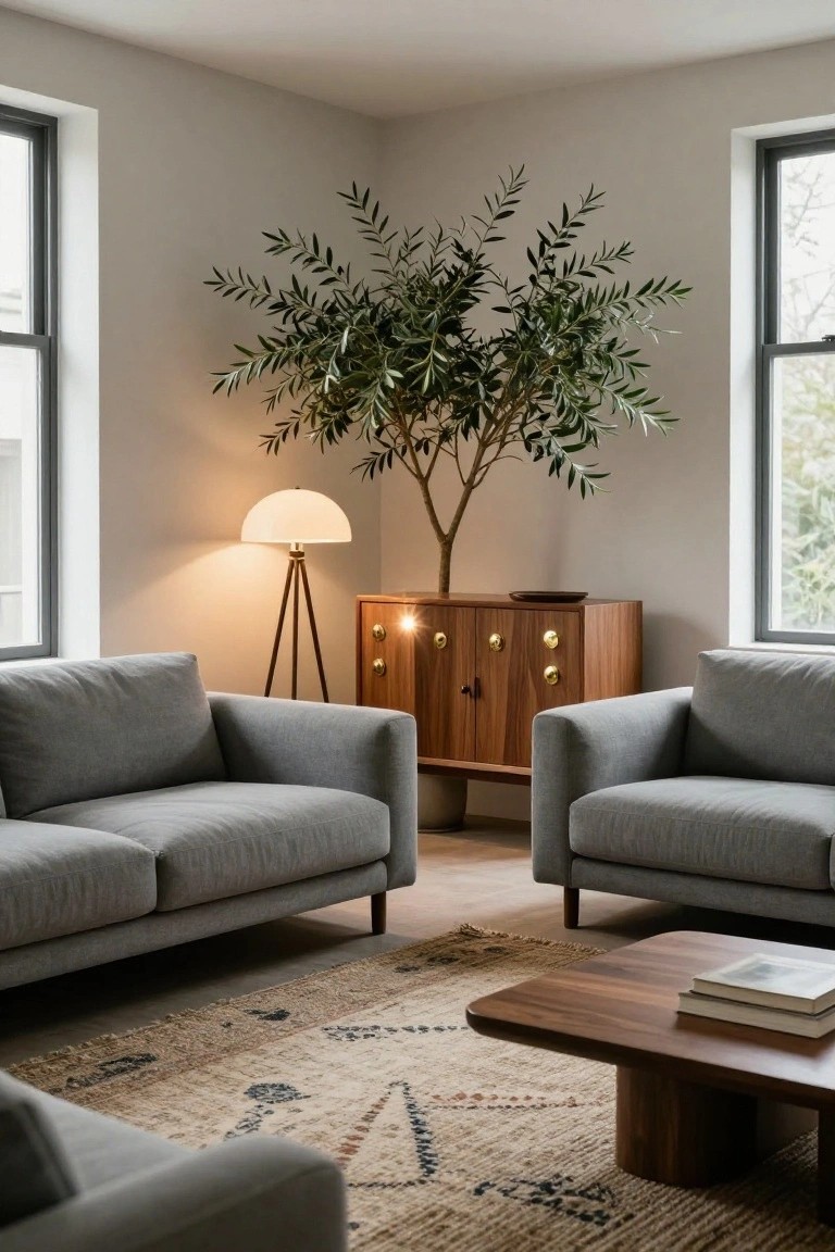 A mid-century modern living room with two facing gray fabric sofas around a low wooden coffee table on a patterned rug, a wooden credenza with brass knobs and a lit tripod lamp nearby, and a tall potted olive tree in the corner by two large windows.