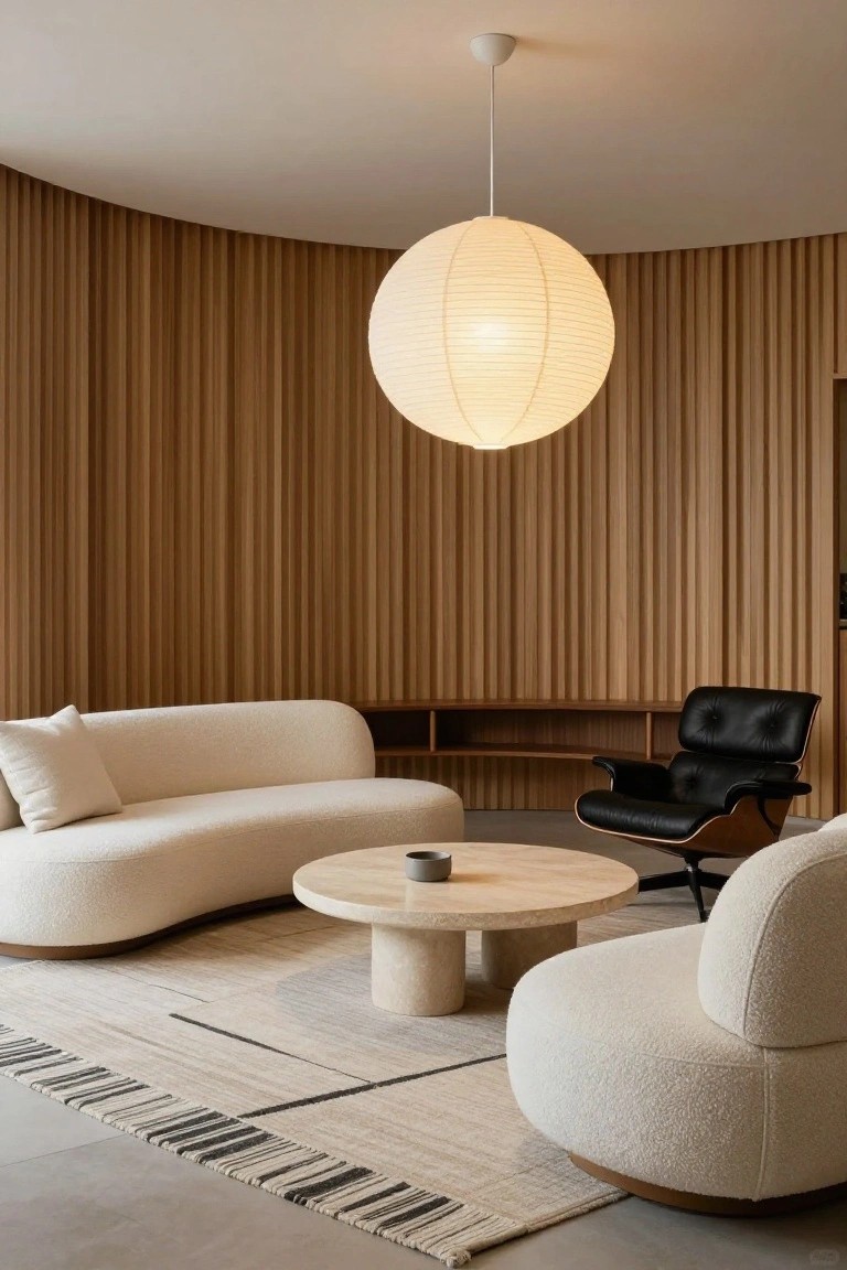 Curved interior room with light wood vertical slat walls, hanging white paper lantern, curved white bouclé sofa and pouf, black leather Eames lounge chair, round travertine coffee table with small bowl, and beige striped rug on concrete floor.