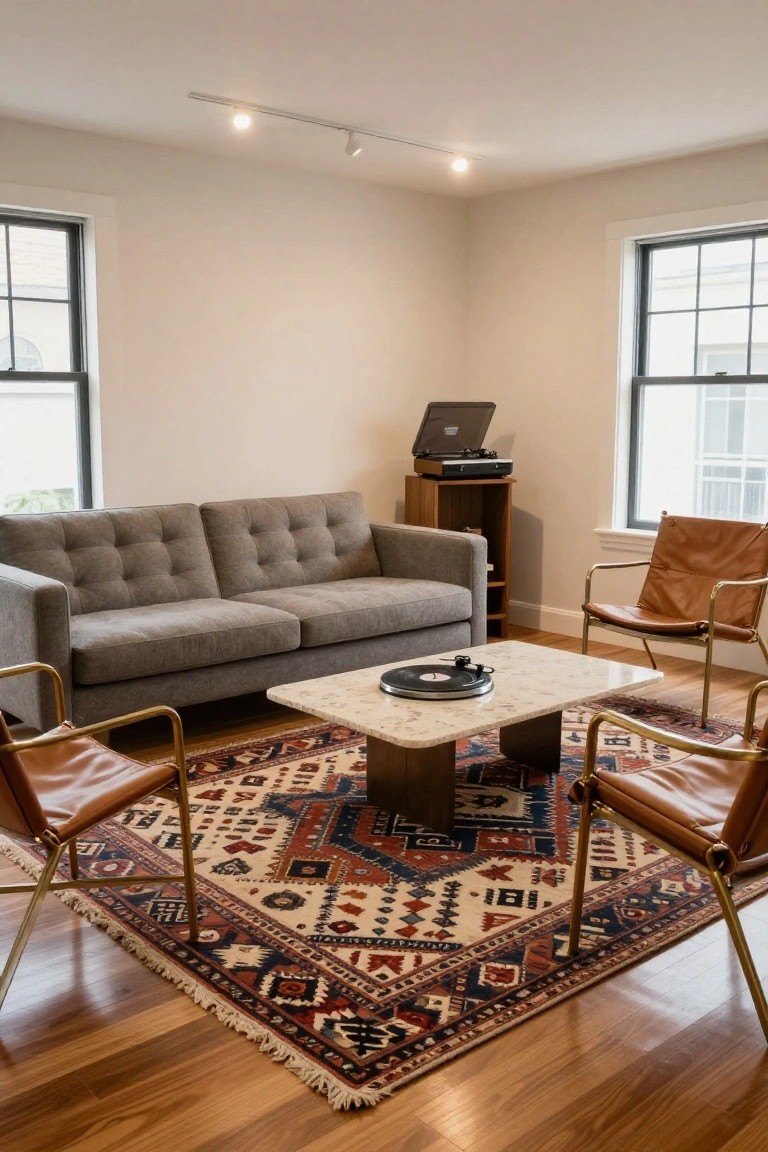 Living room interior with gray tufted sofa, two tan leather armchairs, low white marble coffee table holding a black record player, large colorful patterned rug, hardwood flooring, wooden credenza, and two black-framed windows.