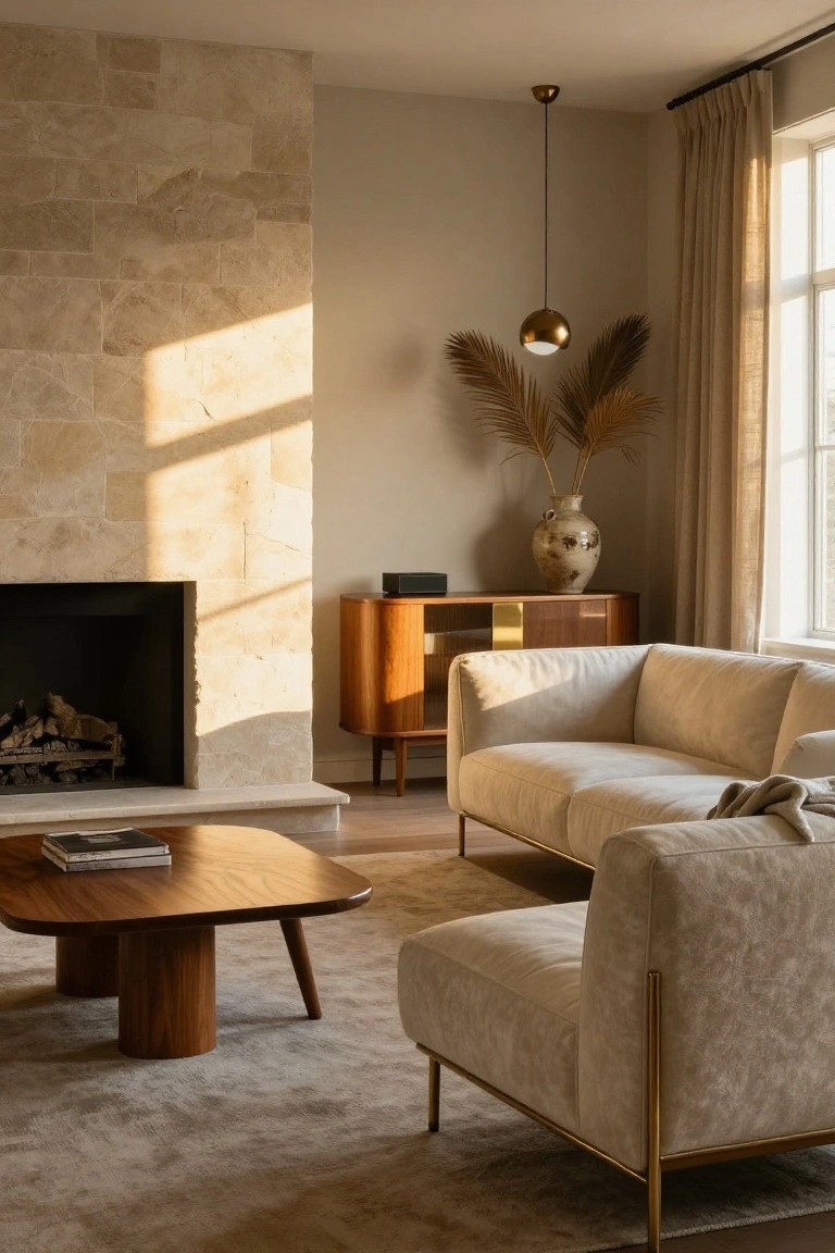 Sunlit living room with beige limestone wall and fireplace, curved wooden credenza with brass accents, cream sofa with gold metal legs, round wooden coffee table, beige rug, potted plants, and large curtained windows.