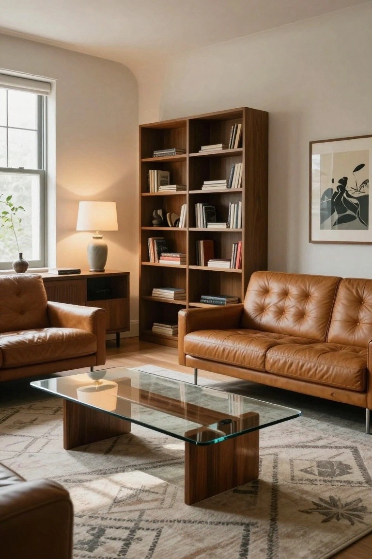 Mid-century living room with brown leather sofa, wooden bookshelves, and glass coffee table.