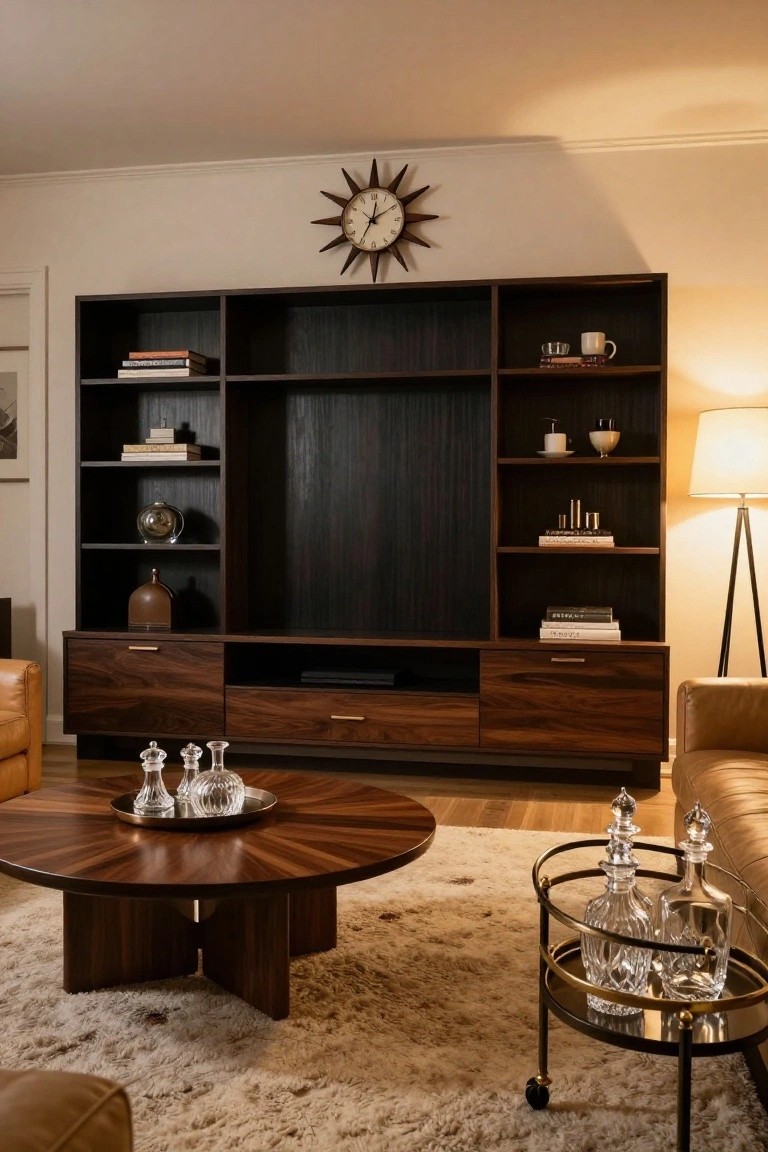A mid-century modern living room with a tall dark wood shelving unit featuring open shelves with books and decor, a central TV area, drawers below, round wood coffee table, leather chairs, and a bar cart on a light rug.