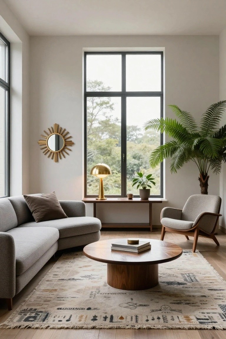A minimalist living room featuring a light gray curved sofa, round wooden coffee table, wooden side table with gold lamp, potted plants, upholstered accent chair, and large black-framed window with view of trees outside.