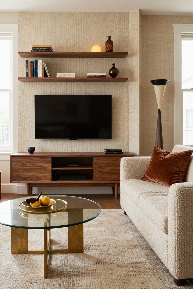 A living room with beige textured walls, a mounted black TV, walnut wood floating shelves with books and vases, a walnut media console, glass and brass coffee table with fruit, and a cream bouclé armchair with rust pillow.