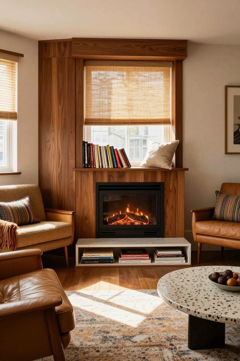 Living room corner with walnut wood paneled wall enclosing a gas fireplace, built-in bookshelves above, two armchairs with pillows and throw, round terrazzo coffee table with fruit bowl, and woven rug on wood floor.