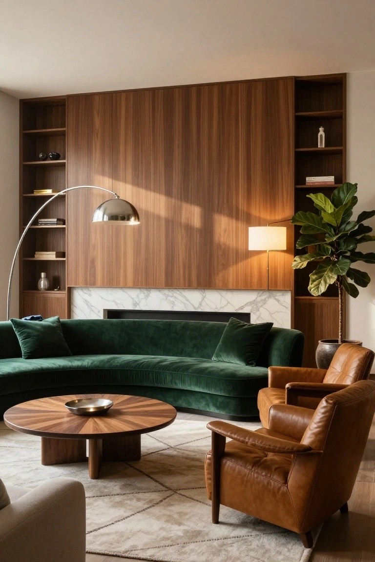 A living room with a curved emerald green velvet sofa facing a slim marble fireplace integrated into a tall walnut-paneled wall with open shelves and cabinets, plus tan leather armchairs, a round wood coffee table, and potted plants.