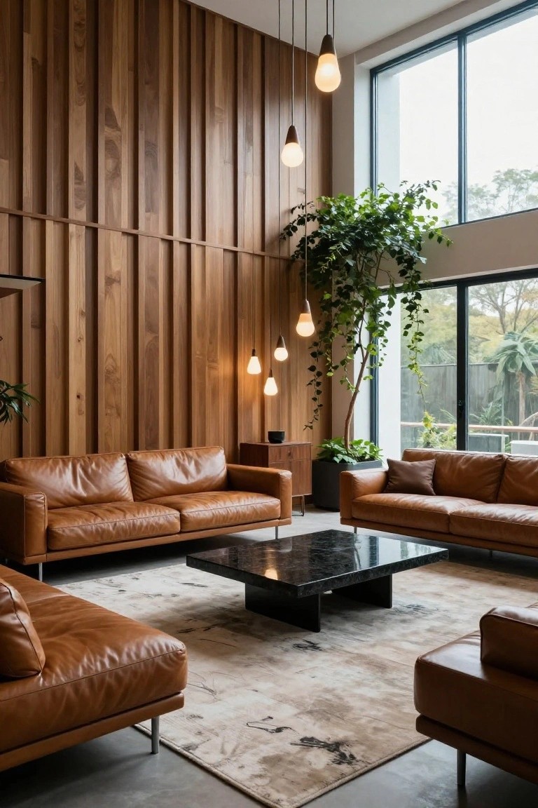 Modern living room with full vertical wood slat wall, tan leather sofas around black marble coffee table, pendant lights, potted plants, and large windows showing greenery outside.