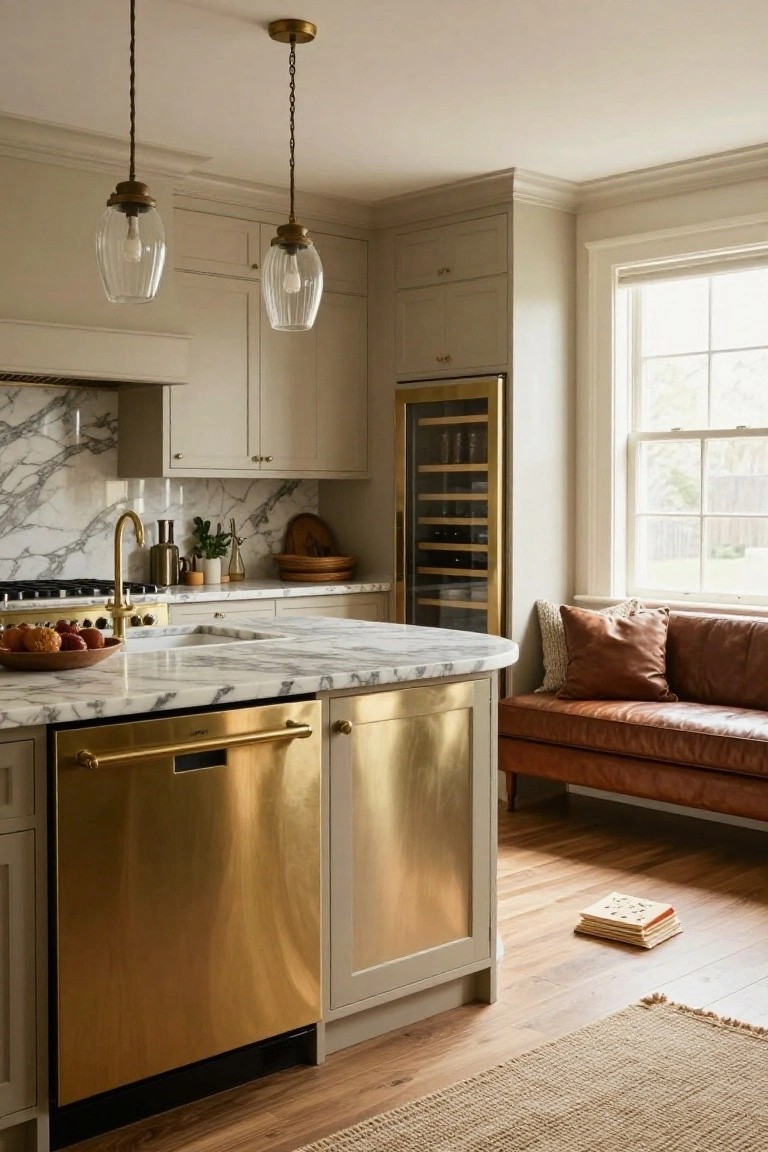 A luxury kitchen with greige cabinets, white marble counters and backsplash, brass dishwasher and faucet on a curved island, and an adjacent brown leather banquette with pillows by a window.
