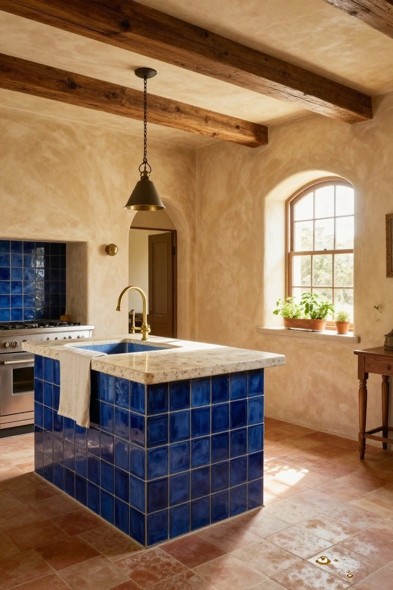 A rustic kitchen interior with a central blue-tiled island and sink, exposed wooden ceiling beams, beige plaster walls, arched window with potted plants, brass faucet, oven, and terracotta tile floor.