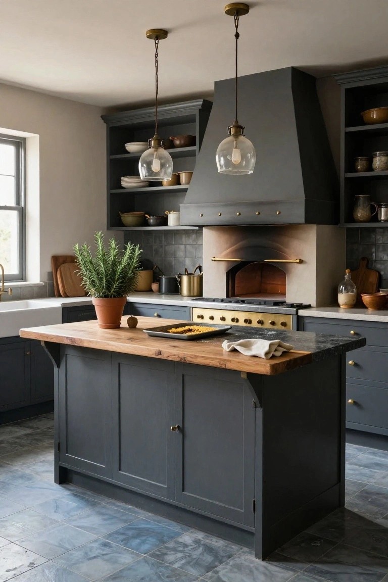 Kitchen with navy cabinets, large wooden island with thick top, built-in wood-fired oven under matte black hood, brass pendant lights, and blue-gray tiled floor.