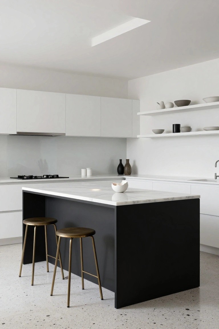 Modern minimalist kitchen with white cabinets, black-based central island topped in white marble, two brass bar stools, and speckled terrazzo flooring.