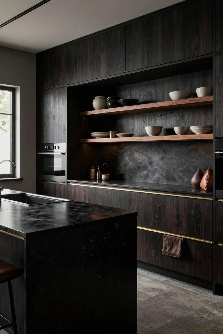 Modern kitchen interior with tall dark wood grain cabinets, matte black stone countertops and island, open wooden shelves holding ceramic bowls and plates, built-in oven, sink, and one black bar stool.
