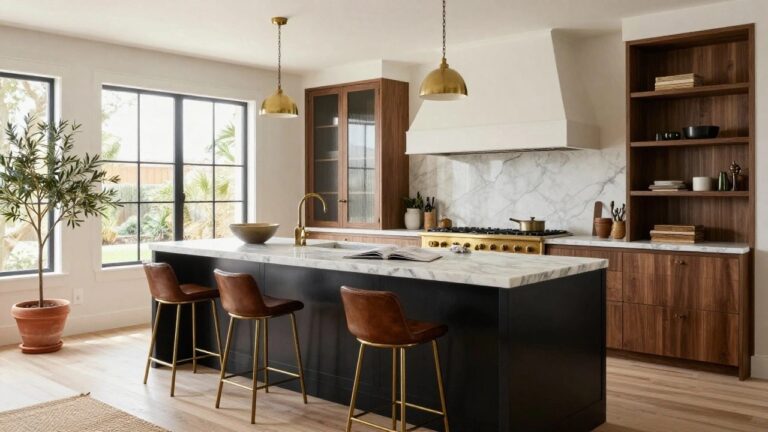 Modern kitchen with large white marble waterfall-edge island, black cabinets, four tan leather barstools on black metal frames with gold legs, gold faucet and range, white subway tile backsplash, and potted olive tree by window.