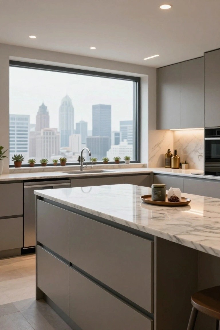 Modern gray kitchen with marble island countertop, built-in appliances, large floor-to-ceiling window overlooking city skyline, and potted succulents on windowsill.