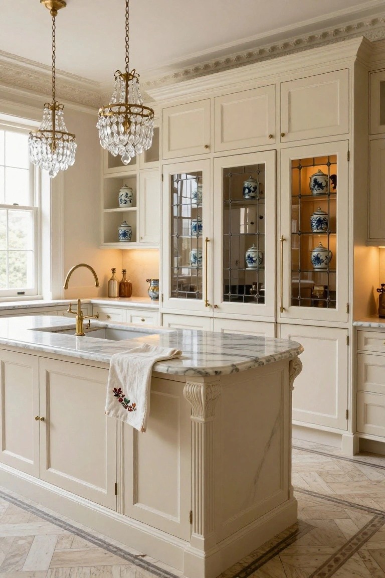 Cream cabinetry kitchen with tall glass-fronted doors displaying blue and white porcelain vases, marble island countertop, brass faucet and chandelier pendants, and parquet floor.