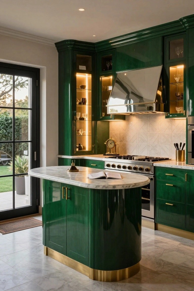 Luxury kitchen interior with glossy emerald green lacquered cabinets, brass accents on island and hardware, white marble counters, stainless steel range and appliances, and garden visible through black French doors.