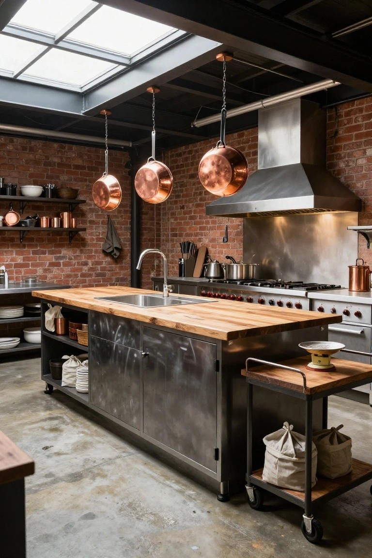 Industrial-style kitchen with exposed brick walls, hanging copper pots, wooden butcher block island on metal base, stainless steel range and hood, and concrete floor under a skylight.