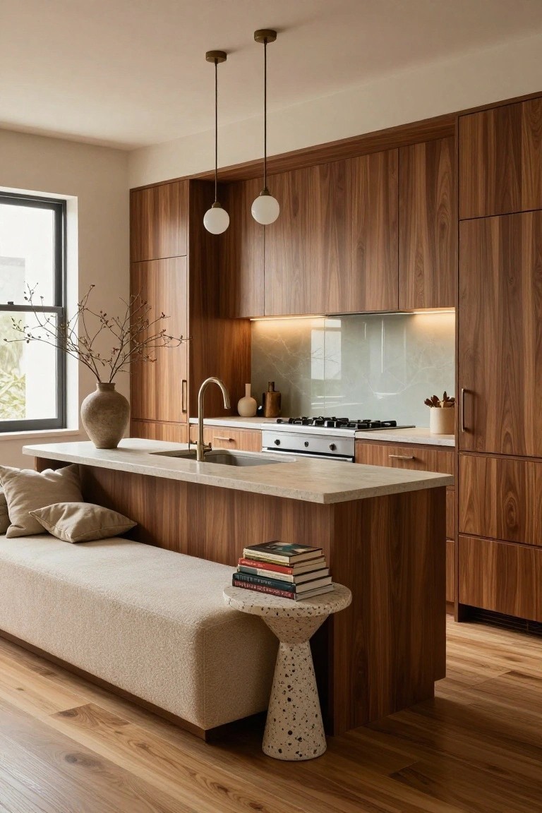 Modern kitchen interior featuring extensive warm wood cabinetry, a large central island with built-in beige upholstered bench seating, white countertops, brass faucet, pendant lights, and a window with potted branches.