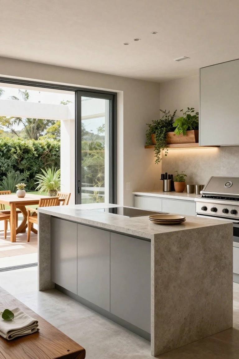 Modern kitchen featuring a large grey central island with textured stone countertop, white cabinets, stainless steel cooktop, and sliding glass doors opening to an outdoor wooden dining table surrounded by tropical plants.