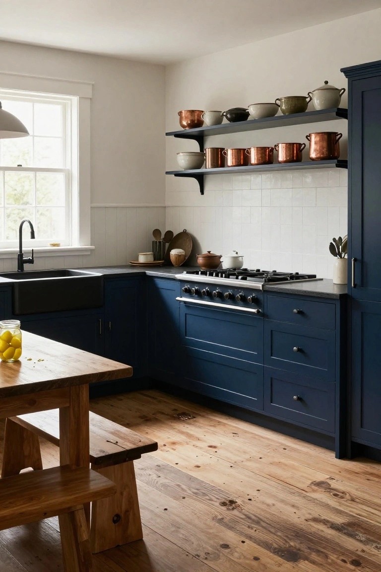 Kitchen with navy blue lower cabinets, black farmhouse sink, gas range on dark countertop, open shelves holding copper pots and ceramics above white subway tile backsplash, wooden table and benches on hardwood floor.