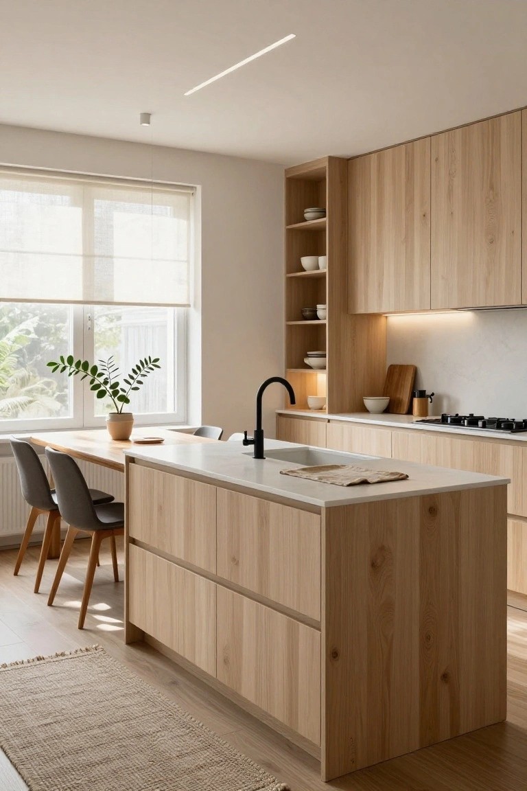 Modern kitchen interior featuring extensive light oak cabinetry, white quartz countertops, black faucet, central island with drawers, adjacent wood dining table with gray chairs, large windows with sheer blinds, and plants.