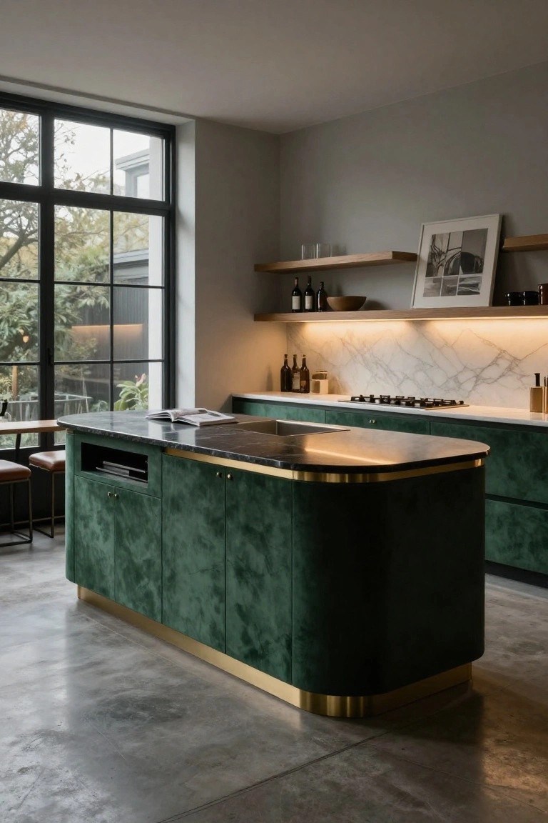 Modern kitchen interior with curved emerald green velvet-upholstered island on brass base, white marble backsplash and counters, oak open shelves with bottles and bowls, and large black-framed windows overlooking greenery.