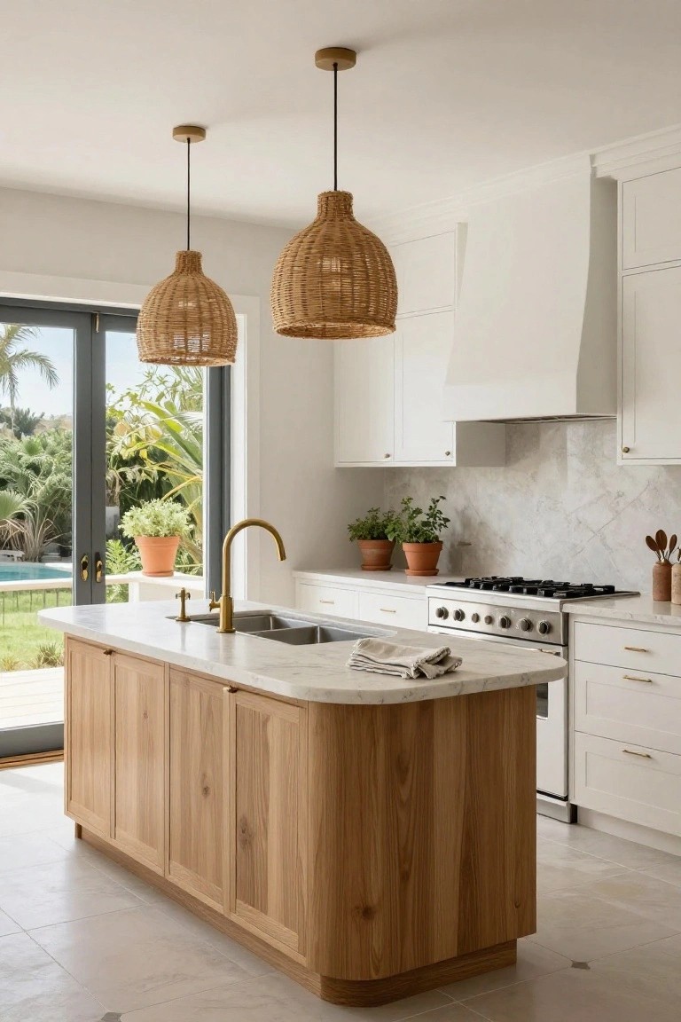 Kitchen with white cabinetry, curved oak island topped in white marble, brass faucet and handles, rattan pendant lights, and glass sliding doors to lush garden and pool.