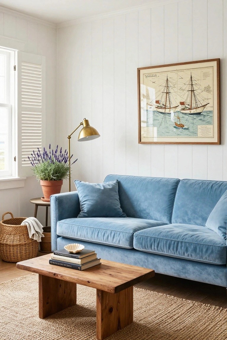 Living room with blue velvet Chesterfield sofa, low wooden coffee table stacked with books, gold arc floor lamp next to potted lavender, wicker basket, and framed nautical print on white shiplap walls.