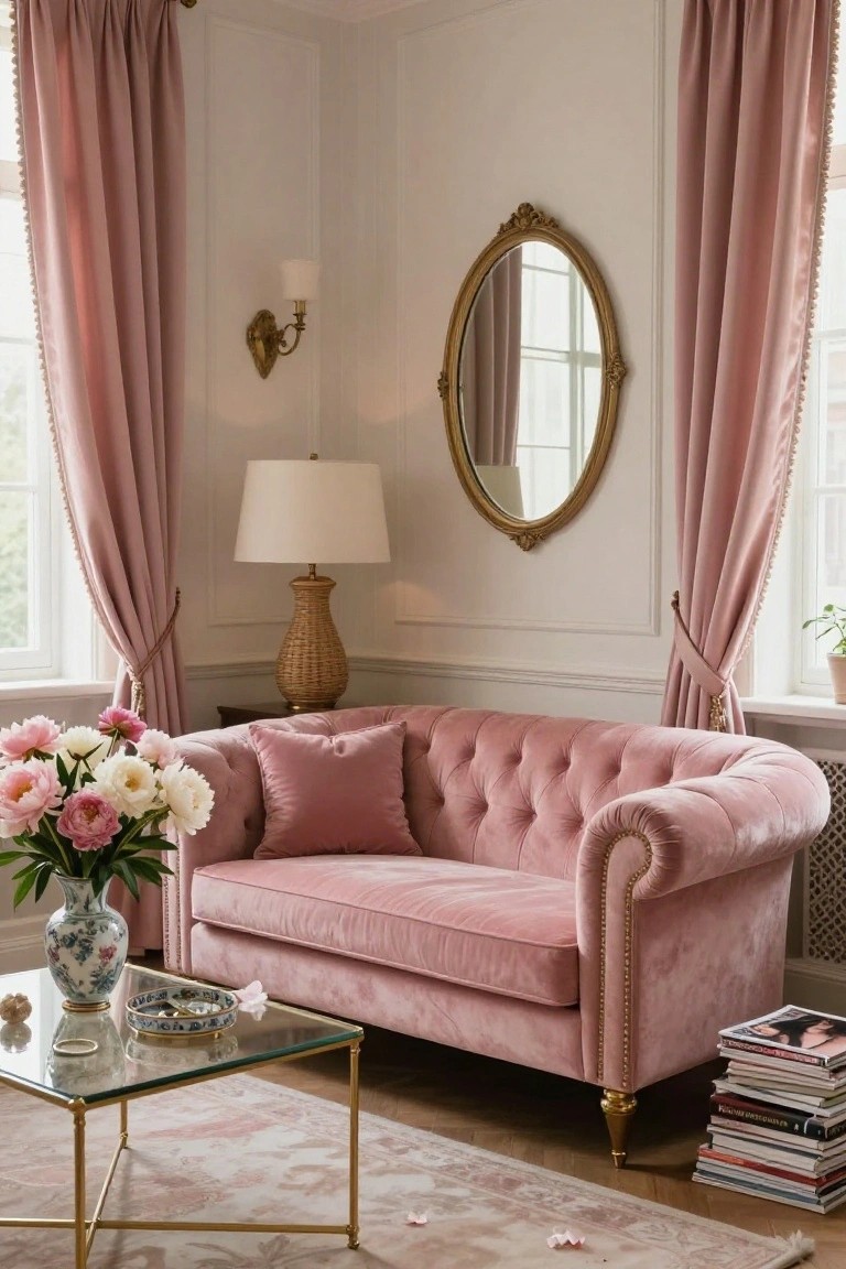 Blush pink velvet tufted Chesterfield sofa in a living room corner with pink tassel curtains, gold-framed oval mirror, rattan table lamp, glass coffee table, and vase of pink peonies.