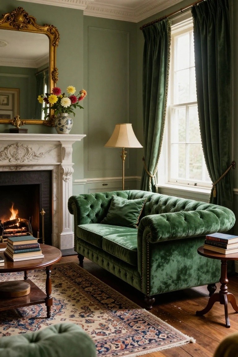 Elegant green velvet sofa in a sage-walled living room with fireplace and floral accents.