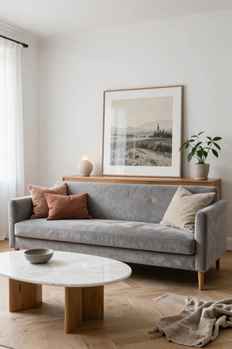 Light gray velvet tufted sofa on a wood floor in a white living room with sheer curtains, oak sideboard holding a lamp and plant next to a large framed landscape photo, oval marble coffee table with wood legs, and neutral pillows.