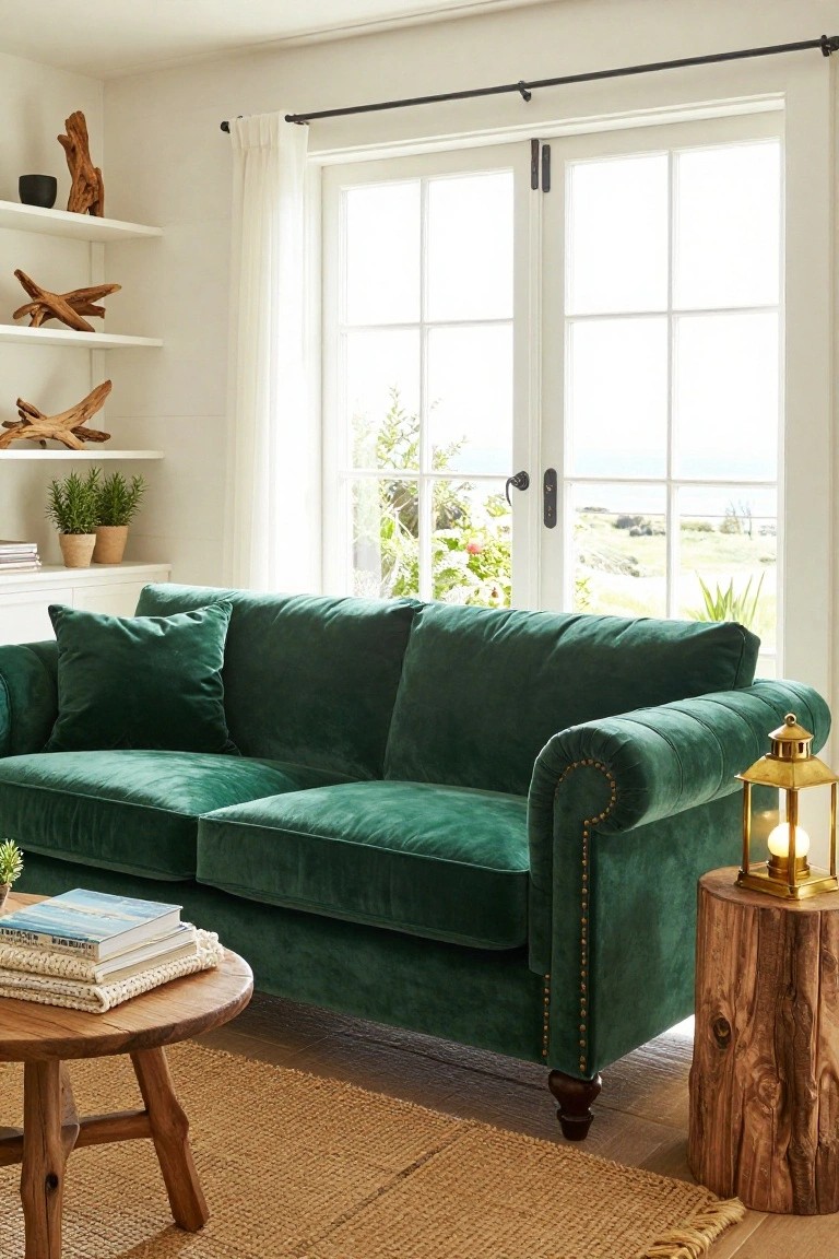 Emerald green velvet tufted Chesterfield sofa in a white-walled living room with driftwood shelves, potted plants, wooden furniture, books on a round table, gold lantern on stump side table, and French doors showing coastal landscape.