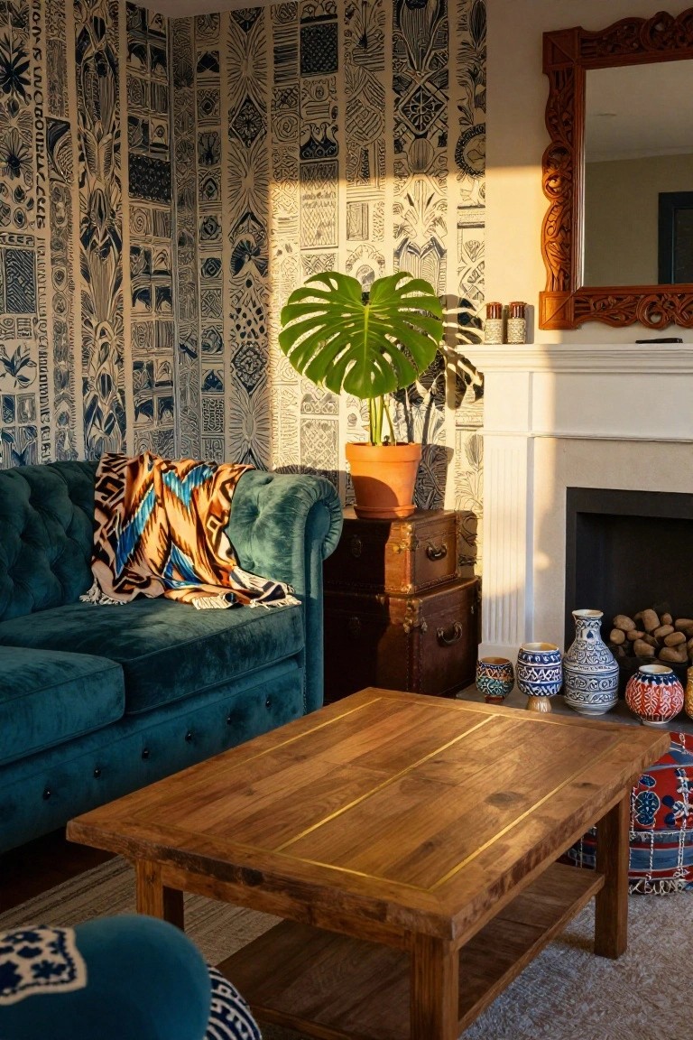 Teal green velvet tufted Chesterfield sofa with colorful throw blanket in a living room featuring blue and white patterned wallpaper, monstera plant in terracotta pot, wooden coffee table, vintage trunk, and fireplace mantel with assorted pottery and log pile.
