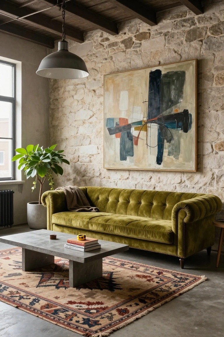 A green velvet tufted Chesterfield sofa in a living room with exposed stone walls, large abstract painting, potted plant, concrete coffee table, patterned rug, pendant light, and wooden stool.
