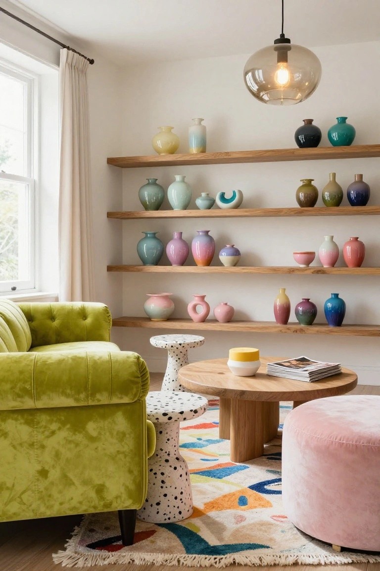 A tufted green velvet Chesterfield sofa in a living room with wooden shelves displaying various colorful ceramic vases, a wooden coffee table with magazines, a spotted side table, a pink pouf, and a multicolored rug on hardwood floors.
