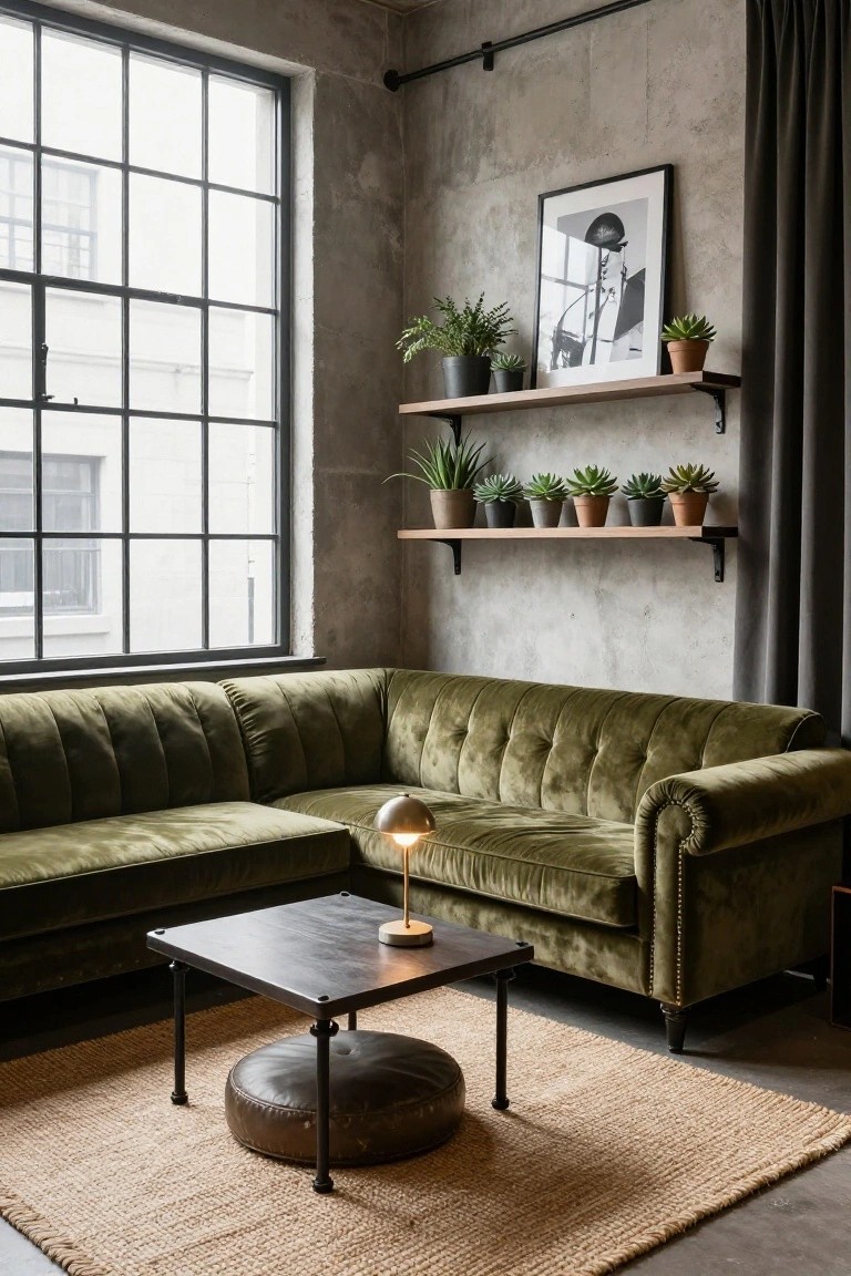 Green tufted velvet Chesterfield sofa in L-shape in corner of industrial living room with concrete walls, metal pipe shelves with potted succulents, large steel-framed windows, black metal coffee table, and jute rug on concrete floor.