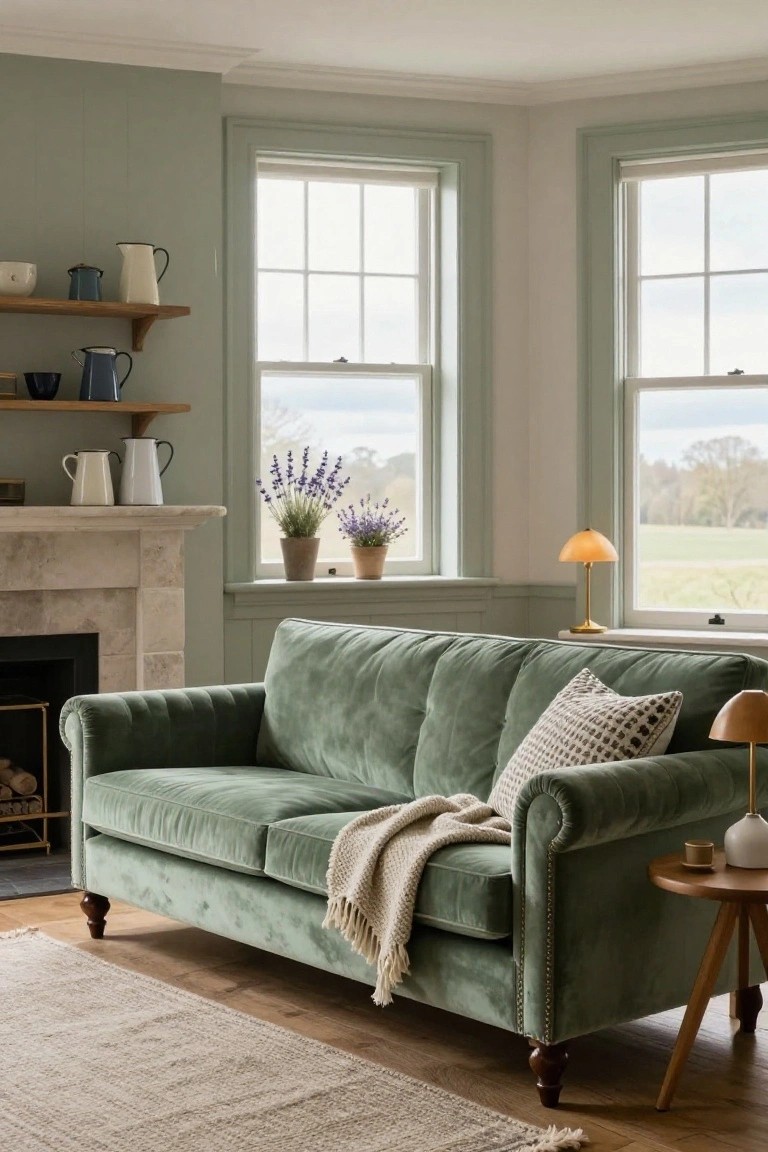Emerald green velvet tufted Chesterfield sofa in corner of pale sage green room with limestone fireplace, two large sash windows showing countryside view, wooden shelves holding enamel jugs, potted lavender, brass lamp on windowsill, knit throw on sofa, and tripod side table on wood floor.