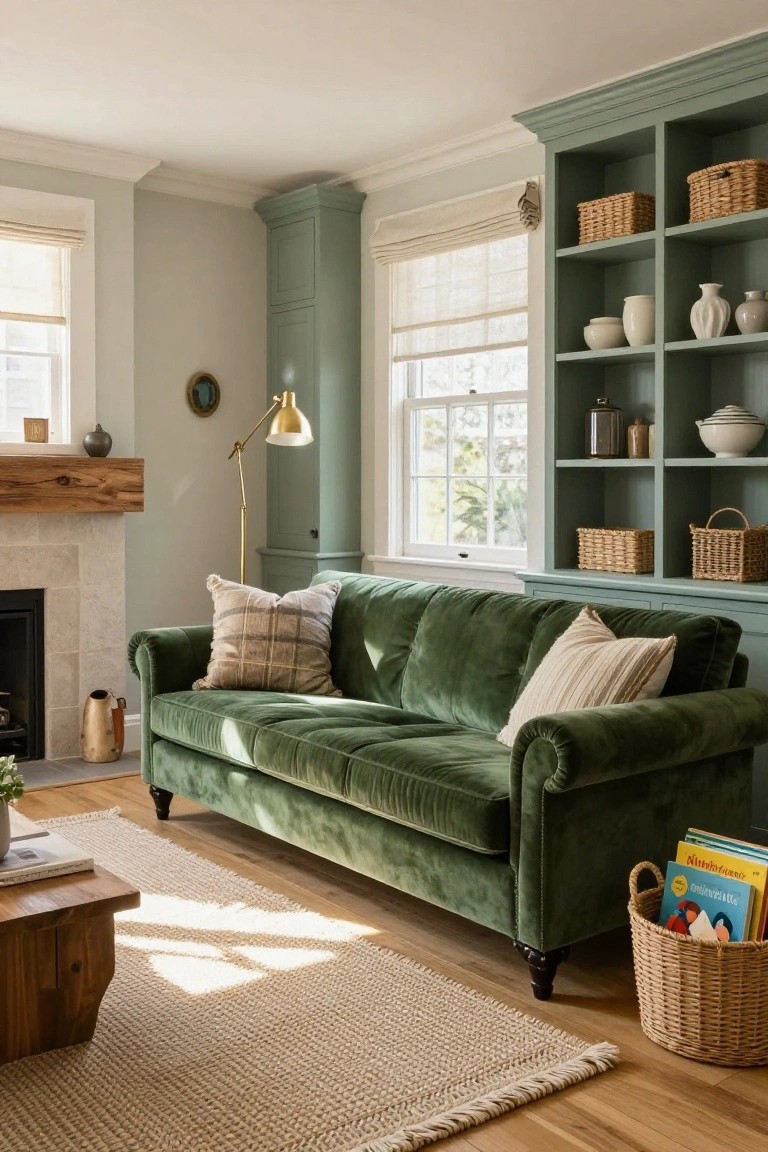 Living room with emerald green velvet Chesterfield sofa facing a stone fireplace, flanked by sage green built-in cabinets filled with ceramics, baskets, and books, plus a wood coffee table on light wood floors.