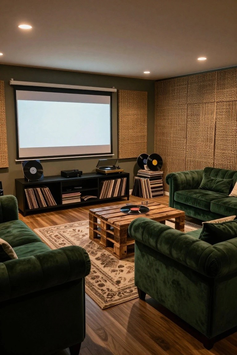 Home theater room with two green velvet tufted Chesterfield sofas facing a projector screen, black entertainment console holding vinyl records and turntables, woven wall panels, and wooden floors.
