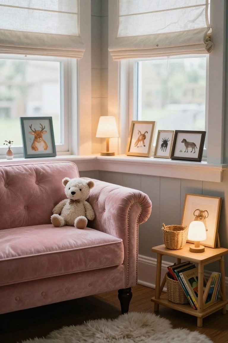 Cozy indoor corner with a pink tufted velvet Chesterfield sofa holding a white teddy bear, next to windows with linen blinds and animal artwork frames on the sills, plus lamps, a wooden side table with books and baskets, and a white shag rug.