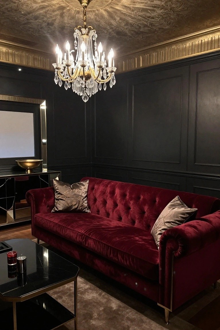 Black paneled room with red velvet tufted Chesterfield sofa, crystal chandelier, gold sideboard with bowl, and black glass coffee table on wood floor.