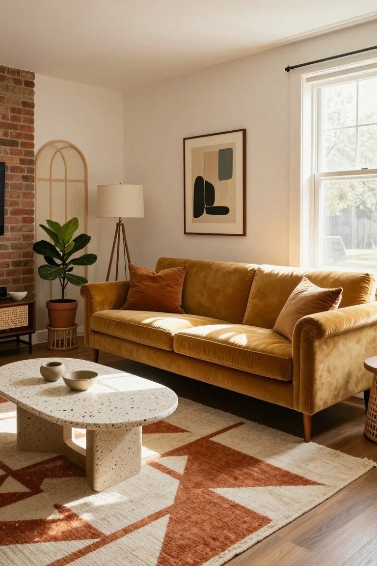 Living room with mustard yellow velvet tufted Chesterfield sofa, oval white terrazzo coffee table, geometric cream and rust rug, potted ficus tree, tripod floor lamp, abstract line art on wall, exposed brick accent wall, and large window.
