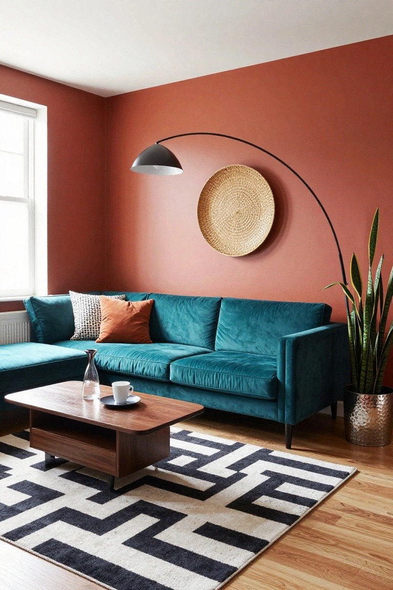 L-shaped teal velvet Chesterfield sofa in a terracotta-walled living room with wooden coffee table holding a glass vase and white mug, black and white geometric rug, arc floor lamp, woven wall hanging, and potted snake plant.