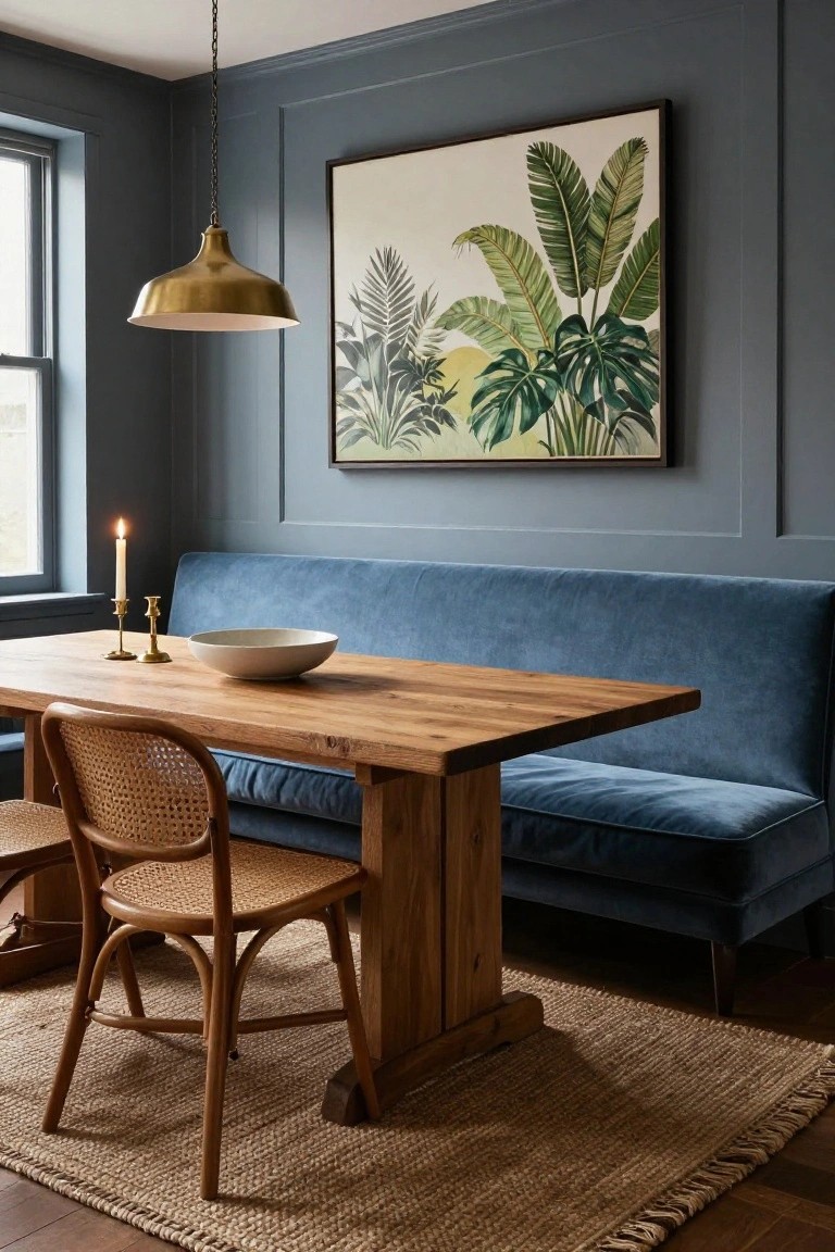 Dining nook with blue velvet bench seat along paneled gray wall, wooden trestle table, two rattan chairs, white bowl and brass candlesticks on table, brass pendant light overhead, and large tropical leaf artwork on wall.