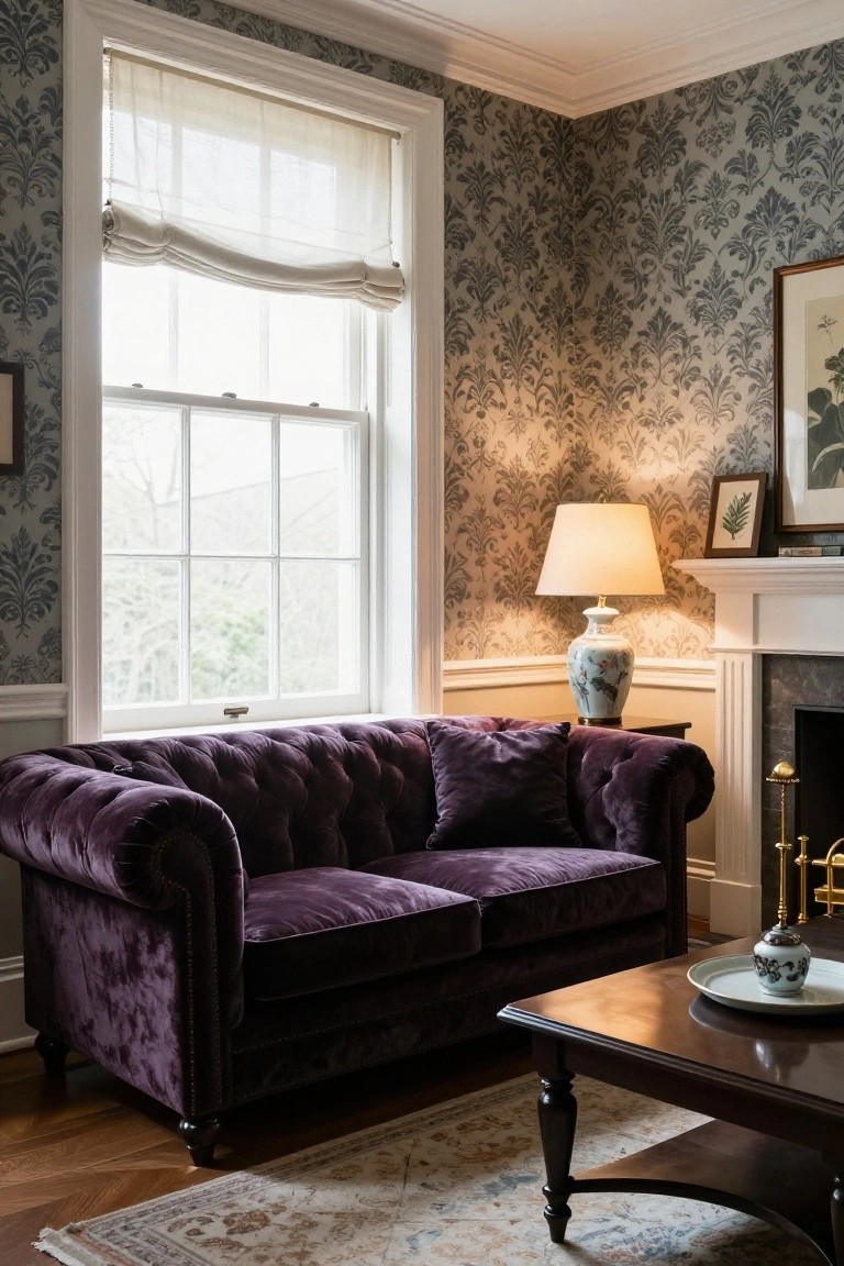 Purple tufted velvet Chesterfield sofa in a corner next to a white fireplace mantel, with gray patterned wallpaper, a wooden coffee table holding a white plate and porcelain jar, and a lamp on a side table.
