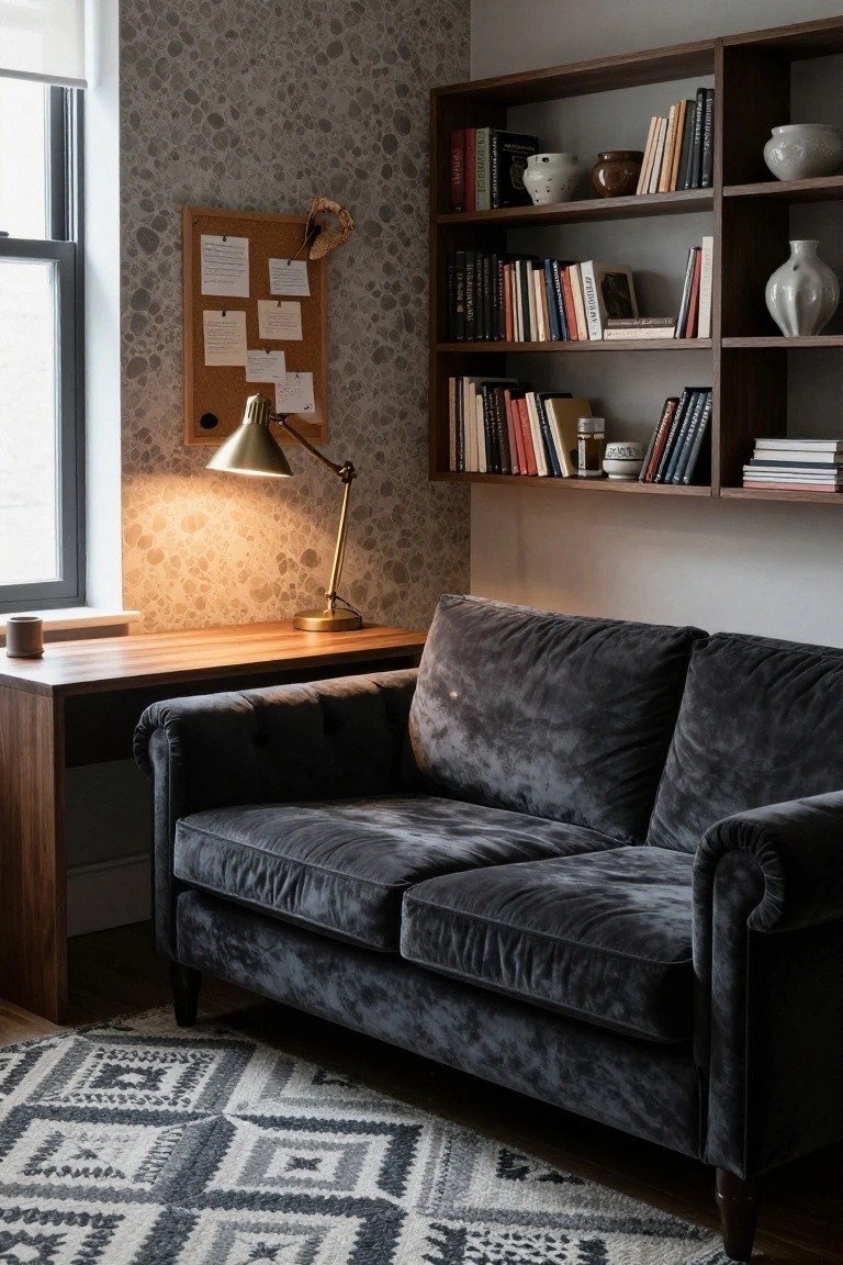 A dark gray velvet tufted Chesterfield sofa positioned beside a wooden desk in a room with pebbled gray wallpaper, wooden bookshelves holding books and ceramics, a brass adjustable lamp, and a corkboard on the wall.