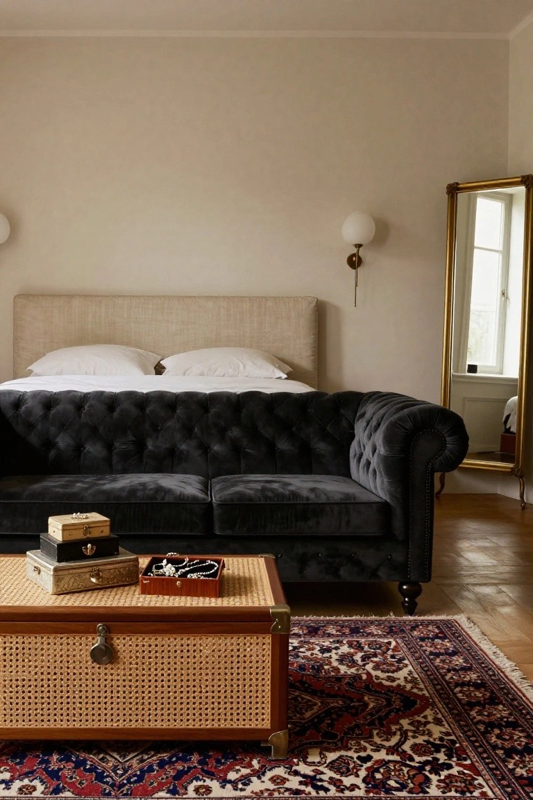 Bedroom with black velvet tufted Chesterfield sofa in front of a beige upholstered bed, rattan trunk coffee table holding small boxes and trays, patterned rug, and gold mirror on wall.